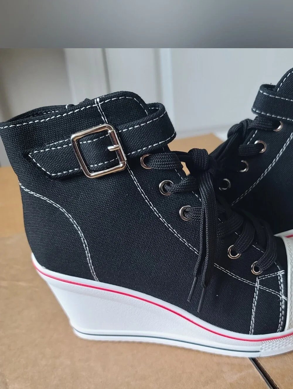 Black Wedge High-Top Sneakers with Buckle Strap
